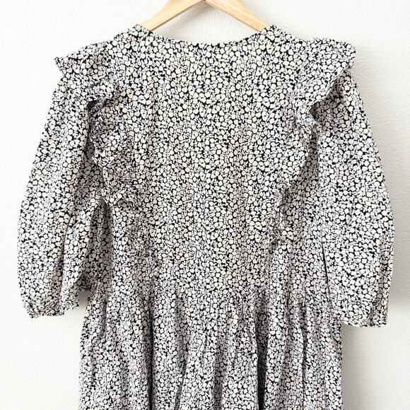 H&M | Floral Puff Sleeve Dress Ruffles black White Yellow Pink Cottagecore | XL - Picture 8 of 9